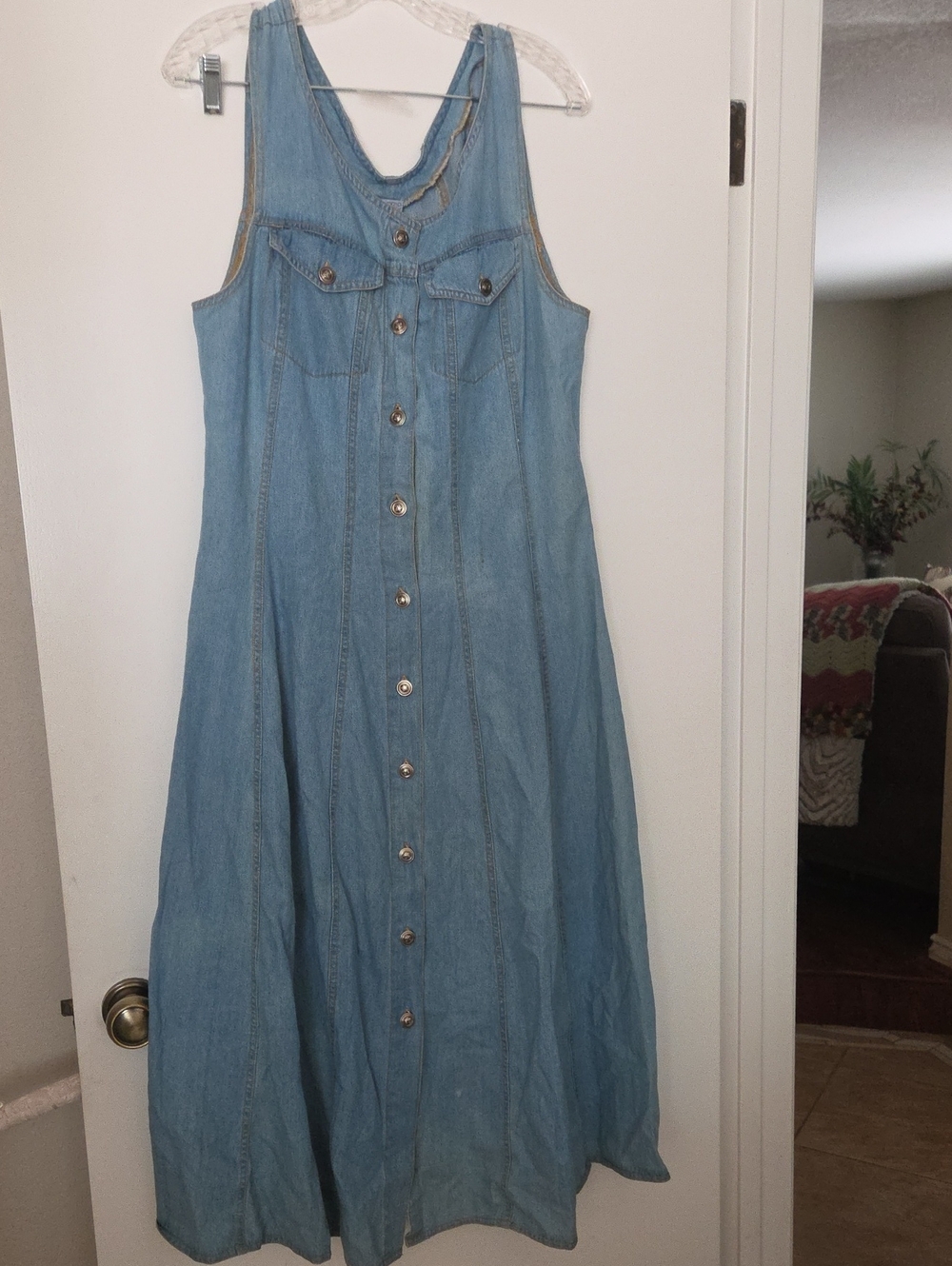 Sleeveless Light Blue Denim Maxi Dress with Button Front